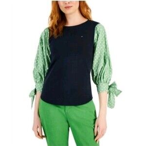 Tommy Hilfiger Mixed Media Puff Sleeve Blouse Top Black Green. Small
